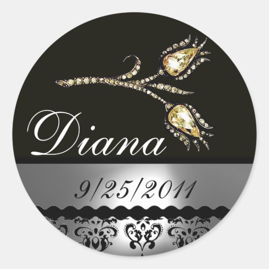 DIAMOND TULIPS ZWART WIT DAMASK, Opslagdatum Ronde Sticker (Voorkant)