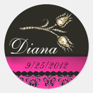 DIAMOND TULIPS ZWART WIT PINK FUCHSIA DAMASK, RONDE STICKER