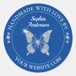 Diamond vlinder, handgemaakt met liefde, diepblauw ronde sticker