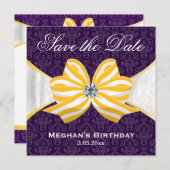 Diamond Yellow Ribbon met Paars Damascus Pattern Save The Date (Voorkant / Achterkant)