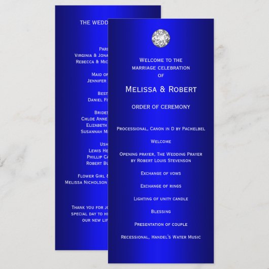 Diamonds en Pearls Blue Wedding Programma (Voorkant / Achterkant)