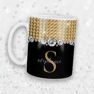 Diamonds Gold Black Elegant Shiny Monogram Aangepa Koffiemok