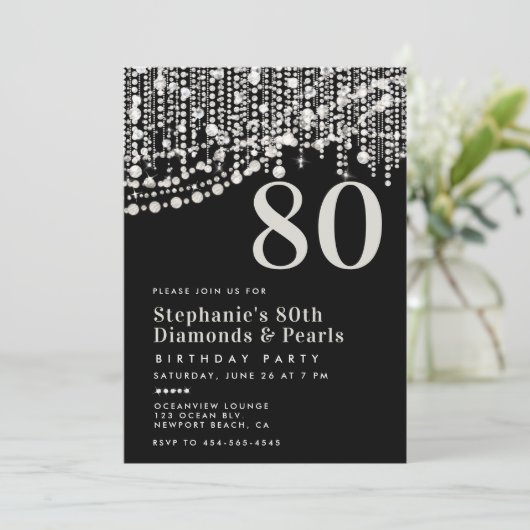 Diamonds Parels Fringe Zwart Wit 80e Verjaardag Kaart (Staand voorkant)