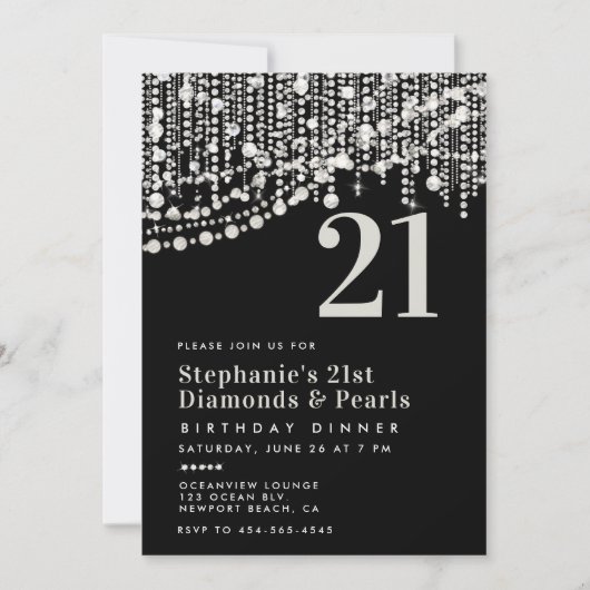 Diamonds Parels Zwart Wit 21e Verjaardag Diner Kaart (Voorkant)