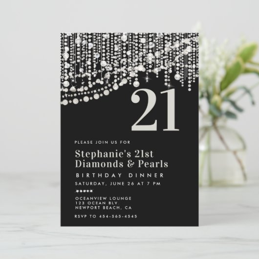 Diamonds Parels Zwart Wit 21e Verjaardag Diner Kaart (Staand voorkant)
