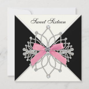 Diamonds Pink Black Sweet Sixteen Birthday Party Kaart
