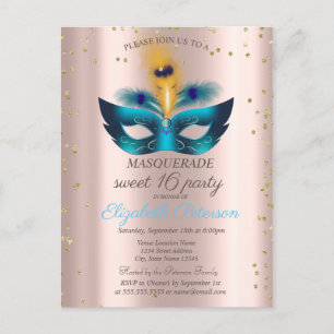 Diamonds Roos Gold Blue Masquerade Sweet 16 Uitnodiging Briefkaart