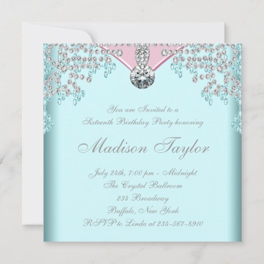 Diamonds Roze Blauwgroen Blauw Sweet Sixteen Birth Kaart (Achterkant)