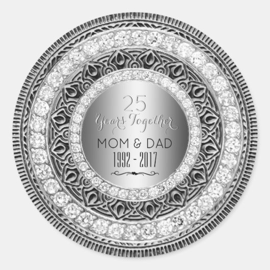 Diamonds Silver 25e bruiloft Jubileum 25 jaar Ronde Sticker (Voorkant)