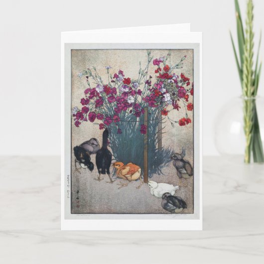 Dianthus & Chicks, Hiroshi Yoshida, Woodcut Kaart (Voorkant)