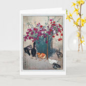 Dianthus & Chicks, Hiroshi Yoshida, Woodcut Kaart (Gele Bloem)