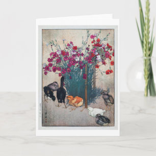 Dianthus & Chicks, Hiroshi Yoshida, Woodcut Kaart