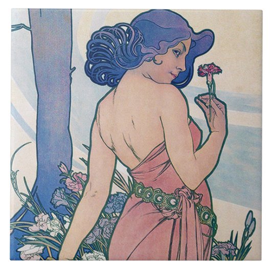 Dianthus (Vier bloemen), Alphonse Mucha Tegeltje (Voorkant)