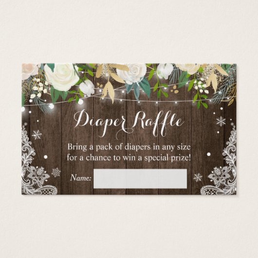 Diaper Raffle Rustic Wood Floral String Lights Visitekaartje (Voorkant)