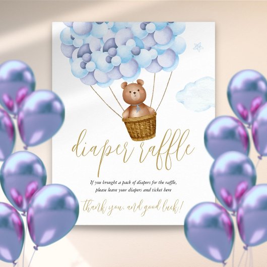 Diaper Raffle Teddy Bear Blue Baby shower Sign Poster