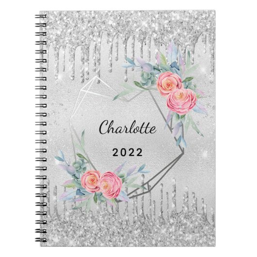 Diary Silver floral glitter blush roze naam Notitieboek (Voorkant)