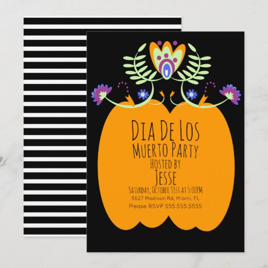 Dias De Los Muerto Pumpkin Folk Florals uitnodigin Kaart (Voorkant / Achterkant)