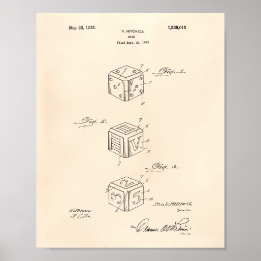 Dice 1925 Patent Art Old Peper Poster (Voorkant)