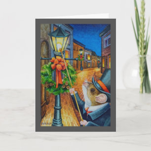 Dickens Kerst Lampenopsteker Muis Aquarel Kunst Kaart