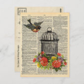 dictionary Art Bird and Cage met Flowers Briefkaart (Voorkant / Achterkant)