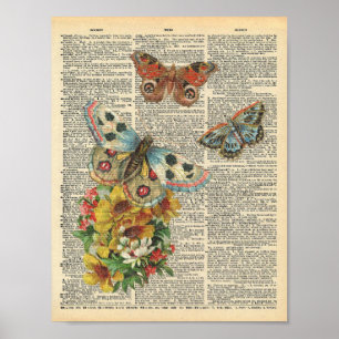dictionary Art Colorful Butterflies Poster