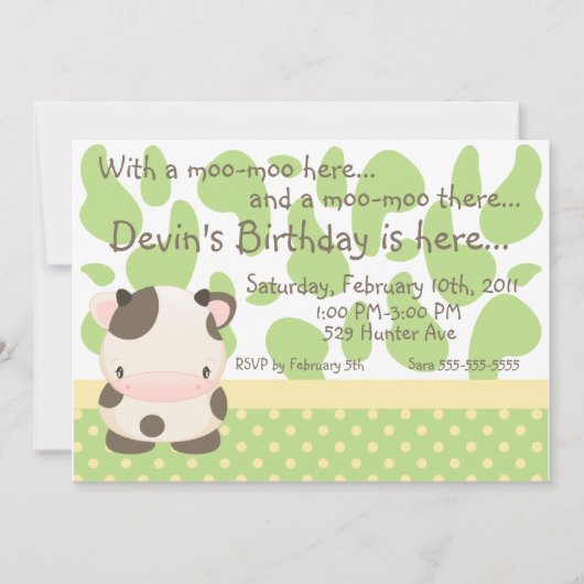 Diddles Farm Moo-Cow Green Birthday Invitation (Devant)