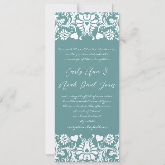 Die Cut Aqua Blue Damask Wedding Invitation Kaart (Voorkant)