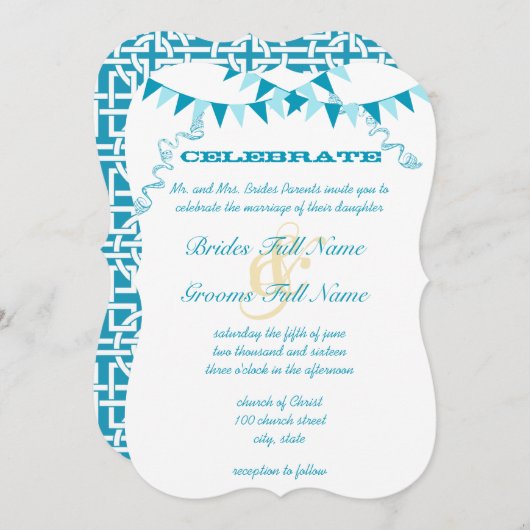 Die Cut Blue Bunting Pennant Invitations de mariag (Devant / Derrière)