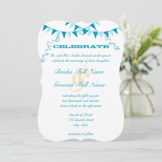 Die Cut Blue Bunting Wimpel Bruiloft Uitnodigingen (Staand voorkant)