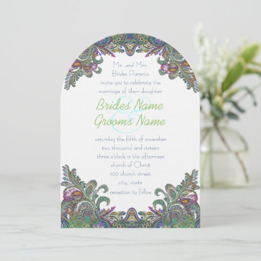 Die Cut Green Raspberry Blue Wedding Invitation Kaart (Staand voorkant)