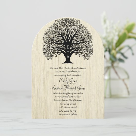 Die Cut Old Barn Wood Tree Wedding Invite Kaart (Staand voorkant)