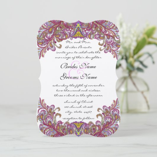 Die Cut Raspberry Paisley Invitations de mariage (Debout devant)