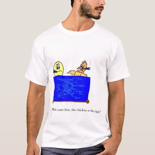 die het eerst de kip of het ei kwamen t-shirt (Voorkant)