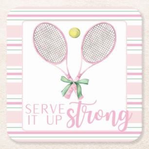 "Dien het sterk op" Roze tennisracket Vierkante Kartonnen Onderzetter