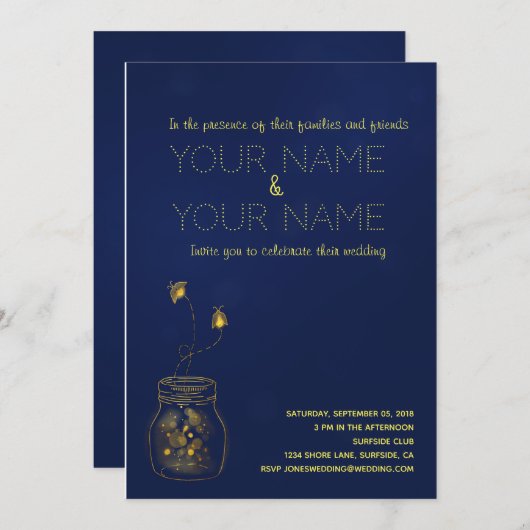 Diep blauw en goud vuurvlieg bruiloft uitnodiging (Voorkant / Achterkant)