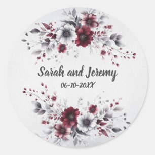 Diep bordeauxrood zilver grijs aquarel bloemmotief ronde sticker