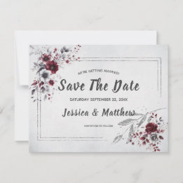 Diep bordeauxrood zilver grijs aquarel bloemmotief save the date