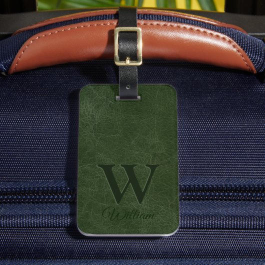 Diep bosgroen koeienleder textuur monogram bagagelabel (Voorkant Insitu 2)
