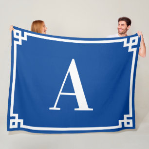 Diep en Blauw Wit Grieks Sleutel Grens Monogram A Fleece Deken