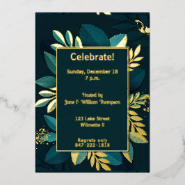 Diep groen bladachtig verguld folie uitnodiging