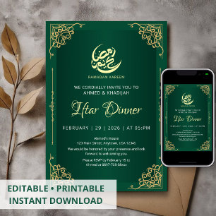 Diep groene en gouden Ramadan Iftar uitnodiging