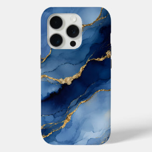 Diep marineblauw en gouden alcoholinkt agaat textu iPhone 15 pro case