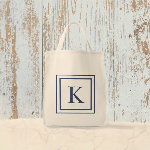 Diep marineblauw en wit vierkant rand monogram tote bag