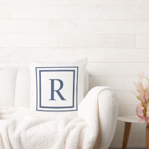 Diep marineblauw en witte vierkante rand monogram kussen