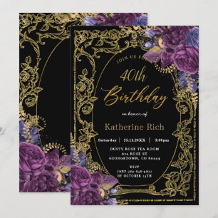  diep Paars Floral Antiek Gold Birthday Kaart
