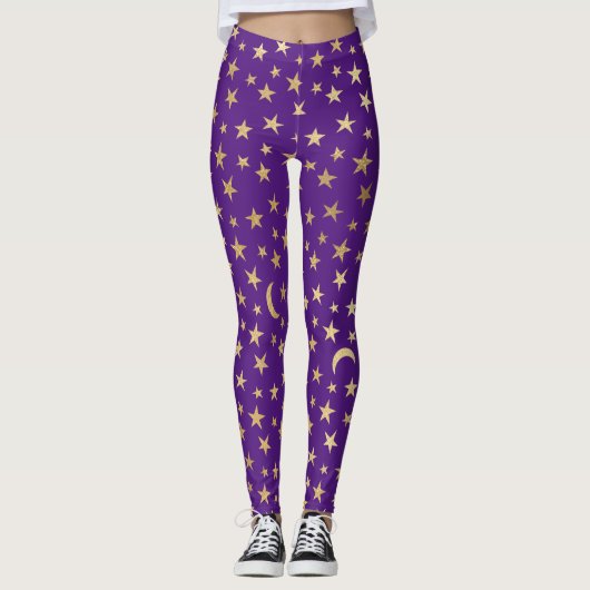 Diep Paars met goudoliestars en moons Leggings (Voorkant)