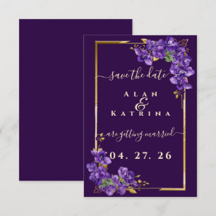 Diep Paars Violette Bloem Motief Gouden Lijst Eleg Save The Date