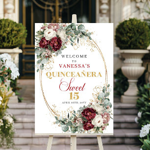 Diep rode bloemige eucalyptus gouden Quinceañera w Poster