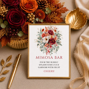 Diep rode boho herfst bloemige groene mimosa bar b poster