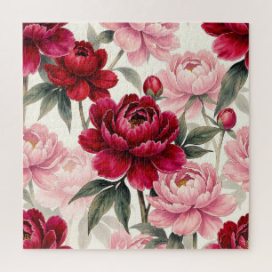 Diep Rode en Roze Pioen Bloemige Waterverf Patroon Legpuzzel
